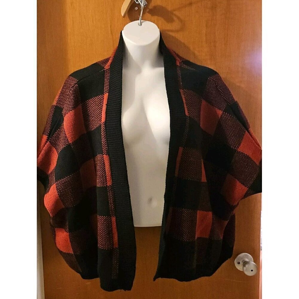Pink Lily Size S Buffalo Plaid Short Sleeve Oversized Cardigan Sweater Red